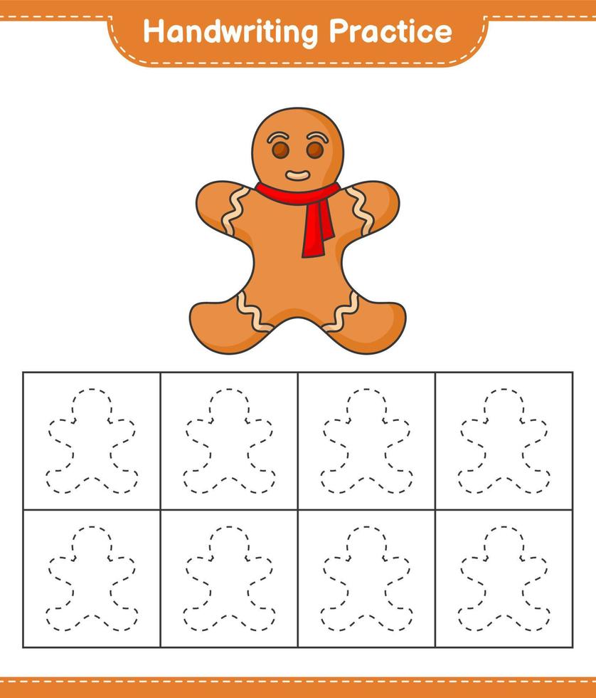 pratique de l'écriture manuscrite. tracer des lignes d'homme en pain d'épice. jeu éducatif pour enfants, feuille de calcul imprimable, illustration vectorielle vecteur