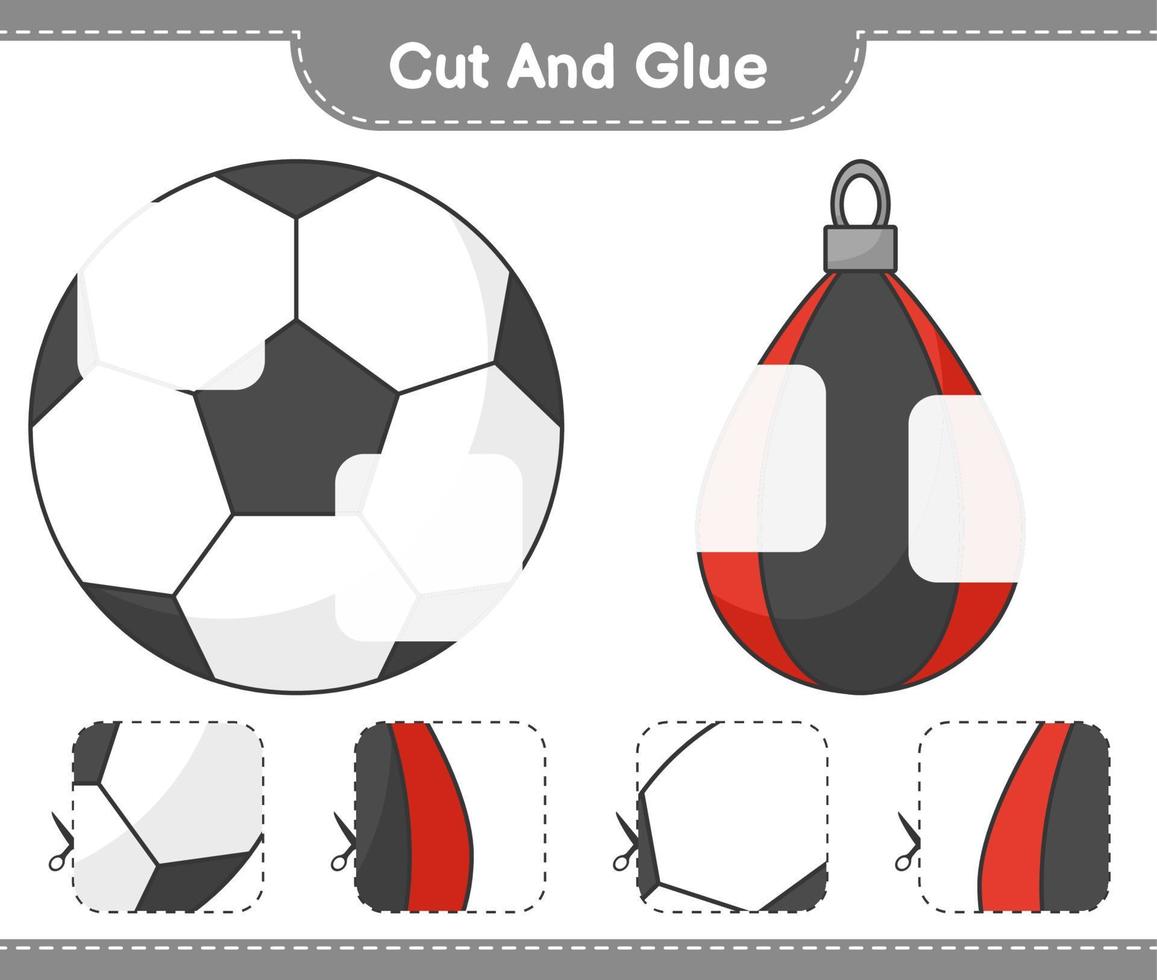 couper et coller, couper des parties de ballon de football, sac de boxe et les coller. jeu éducatif pour enfants, feuille de calcul imprimable, illustration vectorielle vecteur