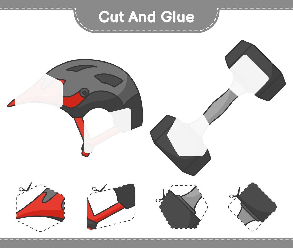 couper et coller, couper des parties de casque de vélo, haltère et les coller. jeu éducatif pour enfants, feuille de calcul imprimable, illustration vectorielle vecteur