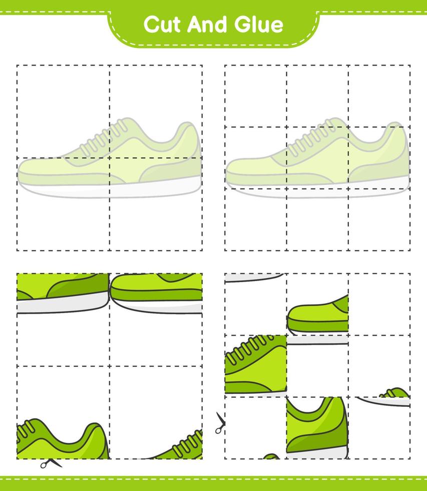 couper et coller, couper des parties de baskets et les coller. jeu éducatif pour enfants, feuille de calcul imprimable, illustration vectorielle vecteur