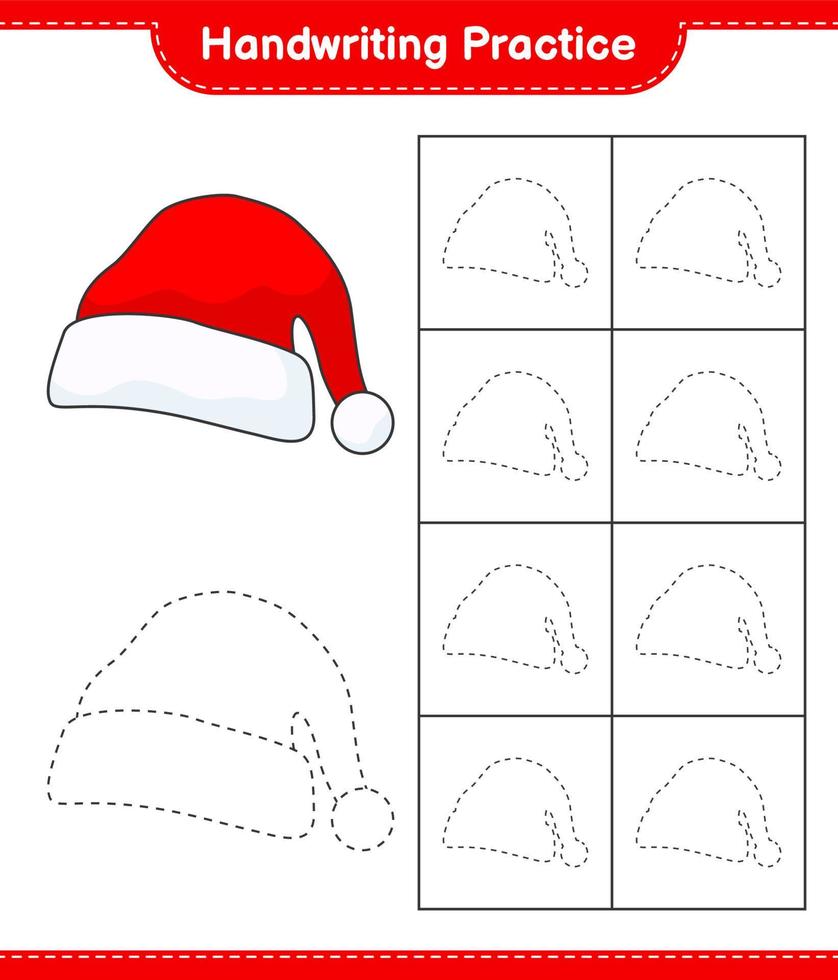 pratique de l'écriture manuscrite. tracer des lignes de bonnet de noel. jeu éducatif pour enfants, feuille de calcul imprimable, illustration vectorielle vecteur