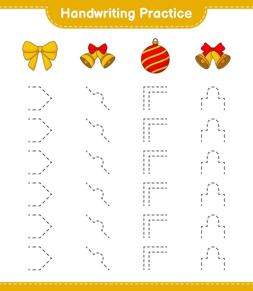 pratique de l'écriture manuscrite. tracer des lignes de ruban, boule de noël et cloche de noël. jeu éducatif pour enfants, feuille de calcul imprimable, illustration vectorielle vecteur