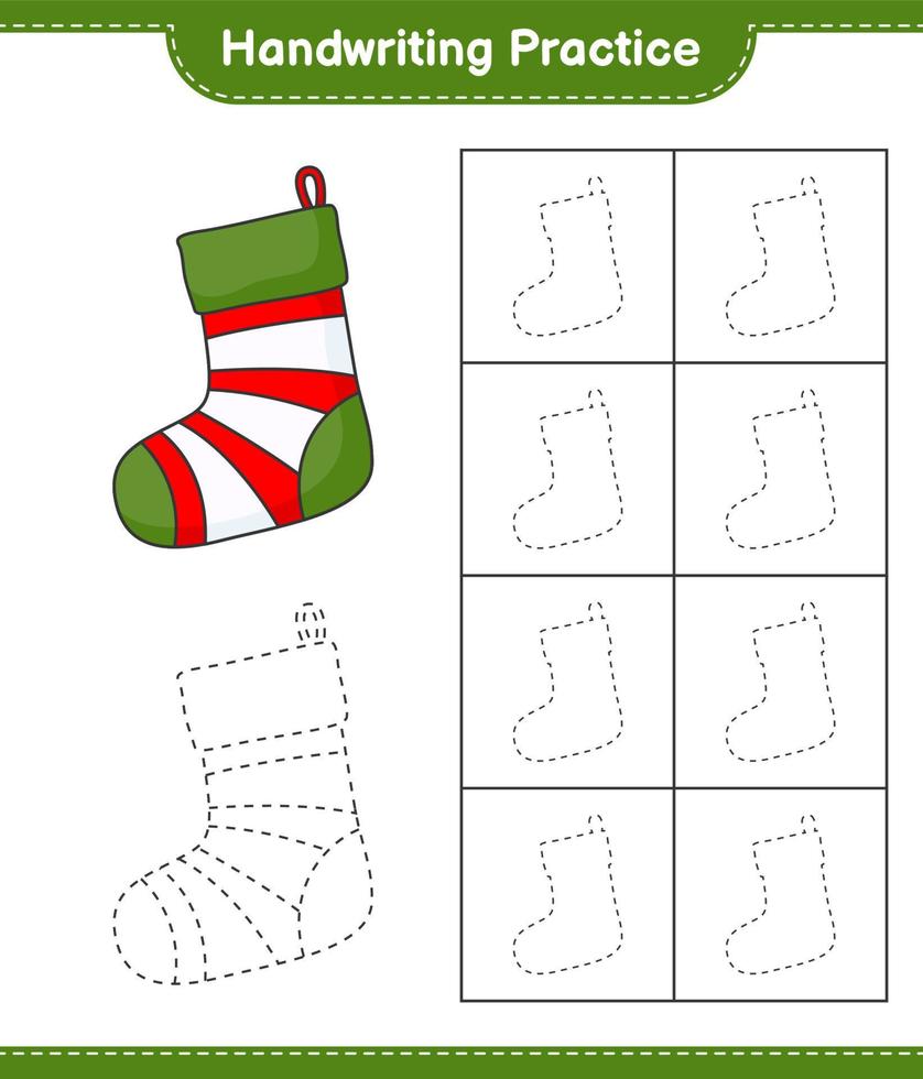 pratique de l'écriture manuscrite. tracer des lignes de chaussette de noël. jeu éducatif pour enfants, feuille de calcul imprimable, illustration vectorielle vecteur