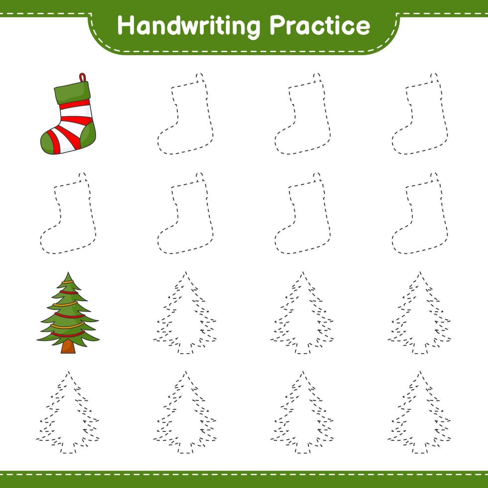 pratique de l'écriture manuscrite. tracer des lignes de chaussette de noël et d'arbre de noël. jeu éducatif pour enfants, feuille de calcul imprimable, illustration vectorielle vecteur