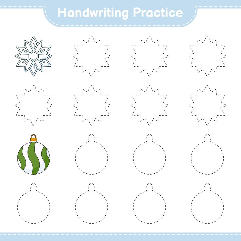 pratique de l'écriture manuscrite. tracer des lignes de flocon de neige et de boule de noël. jeu éducatif pour enfants, feuille de calcul imprimable, illustration vectorielle vecteur