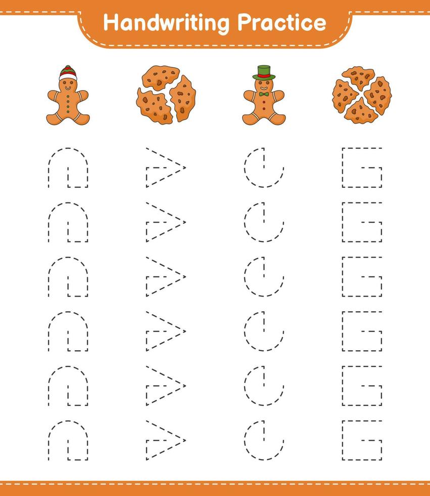 pratique de l'écriture manuscrite. tracer des lignes de biscuits et de bonhomme en pain d'épice. jeu éducatif pour enfants, feuille de calcul imprimable, illustration vectorielle vecteur