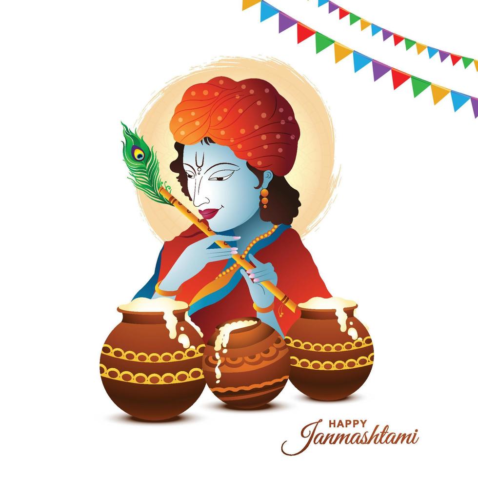 seigneur krishna jouant du bansuri joyeuses fêtes de janmashtami fond artistique vecteur