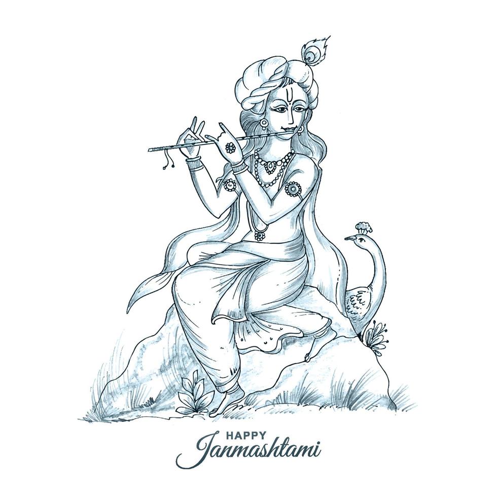 main dessiner croquis seigneur krishna dans le fond de la carte du festival janmashtami heureux vecteur