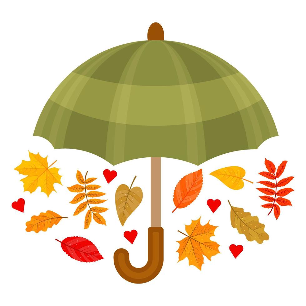 parapluie avec des feuilles. image couleur d'automne. symbole de chute. objets isolés. illustration vectorielle. style bande dessinée. vecteur