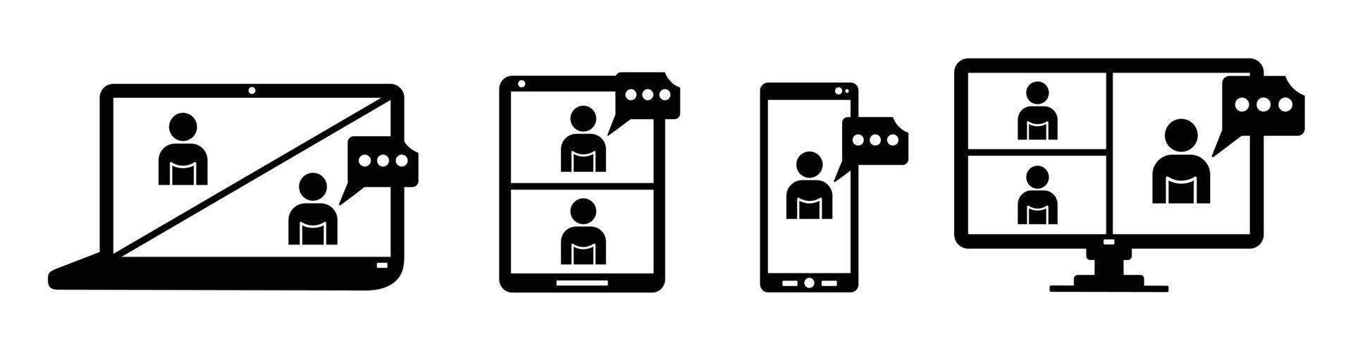 illustration vectorielle définie icône de formation en ligne sur écran d'ordinateur portable, personnes sur écran d'ordinateur, smartphone, tablette, espace de travail de réunion en ligne, conversation sur Internet vecteur