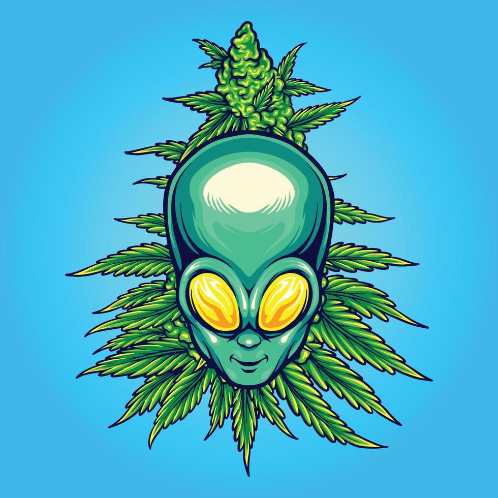 tête extraterrestre avec des illustrations vectorielles de plantes de mauvaises herbes pour votre logo de travail, t-shirt de marchandise de mascotte, autocollants et conceptions d'étiquettes, affiche, cartes de voeux entreprise publicitaire ou marques. vecteur