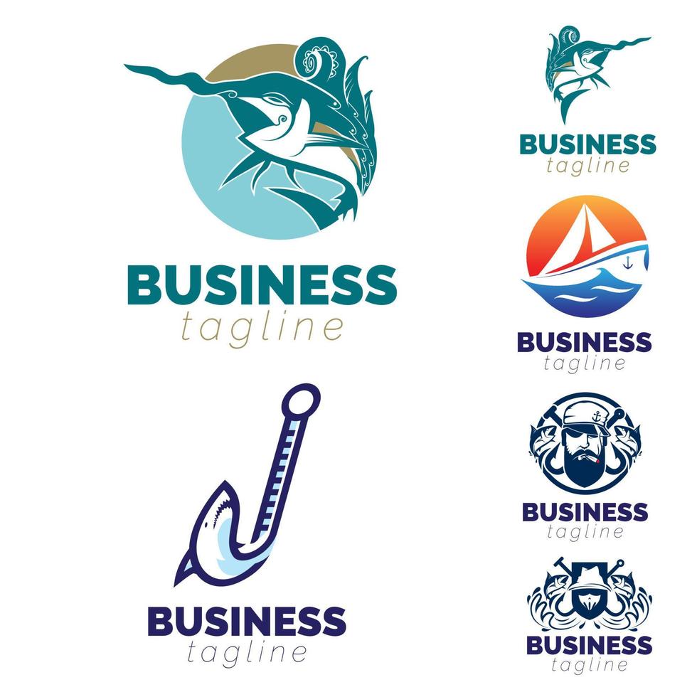 ensemble de logos sur le thème de la pêche, du poisson et de la voile. vecteur