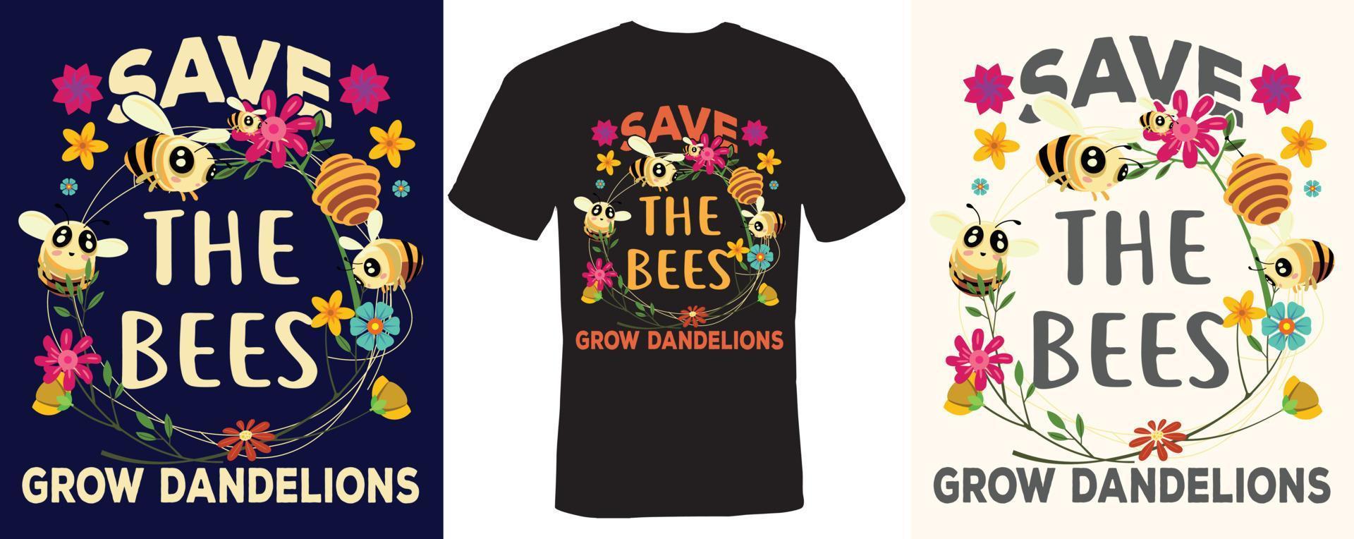 sauvez les abeilles faites pousser des pissenlits conception de t-shirt pour les abeilles vecteur