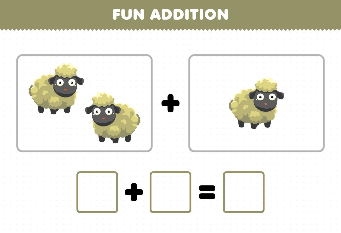 jeu éducatif pour les enfants ajout amusant en comptant la feuille de calcul des images de moutons d'animaux de dessin animé mignon vecteur