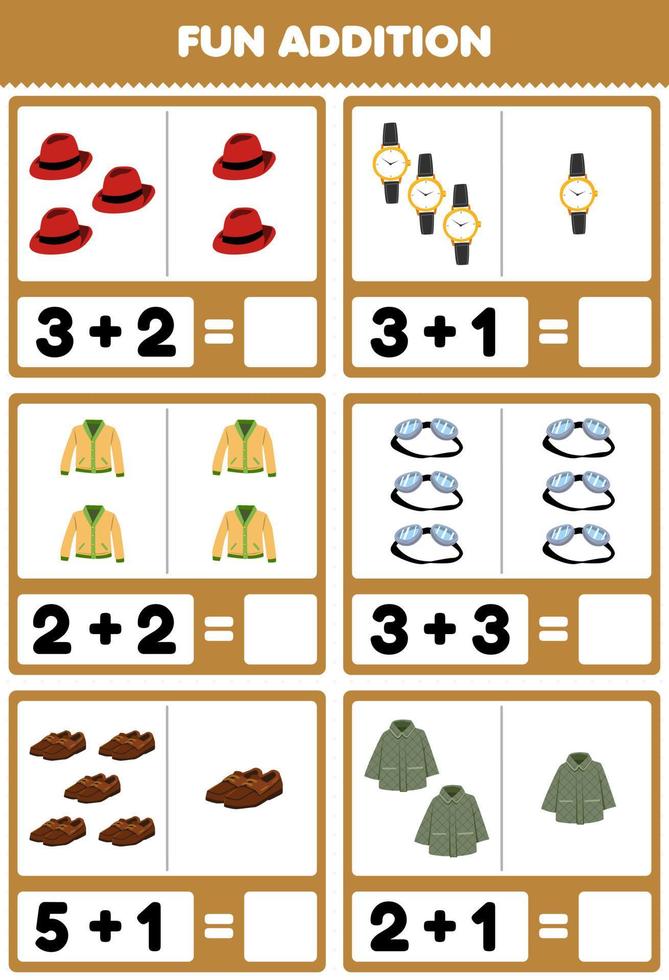 jeu éducatif pour les enfants addition amusante par comptage et somme dessin animé vêtements portables chapeau fedora montre cardigan lunettes chaussures veste photos feuille de calcul vecteur