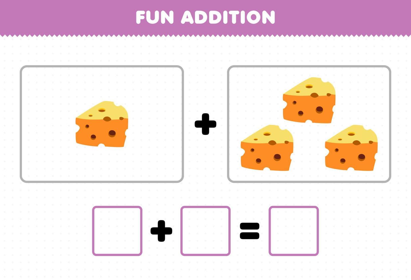 jeu éducatif pour les enfants addition amusante en comptant la feuille de calcul des images de fromage de nourriture de dessin animé vecteur