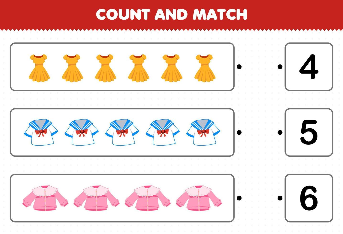 jeu éducatif pour les enfants compter et correspondre compter le nombre de vêtements portables de dessin animé robe uniforme chemisier et match avec les bons numéros feuille de calcul imprimable vecteur