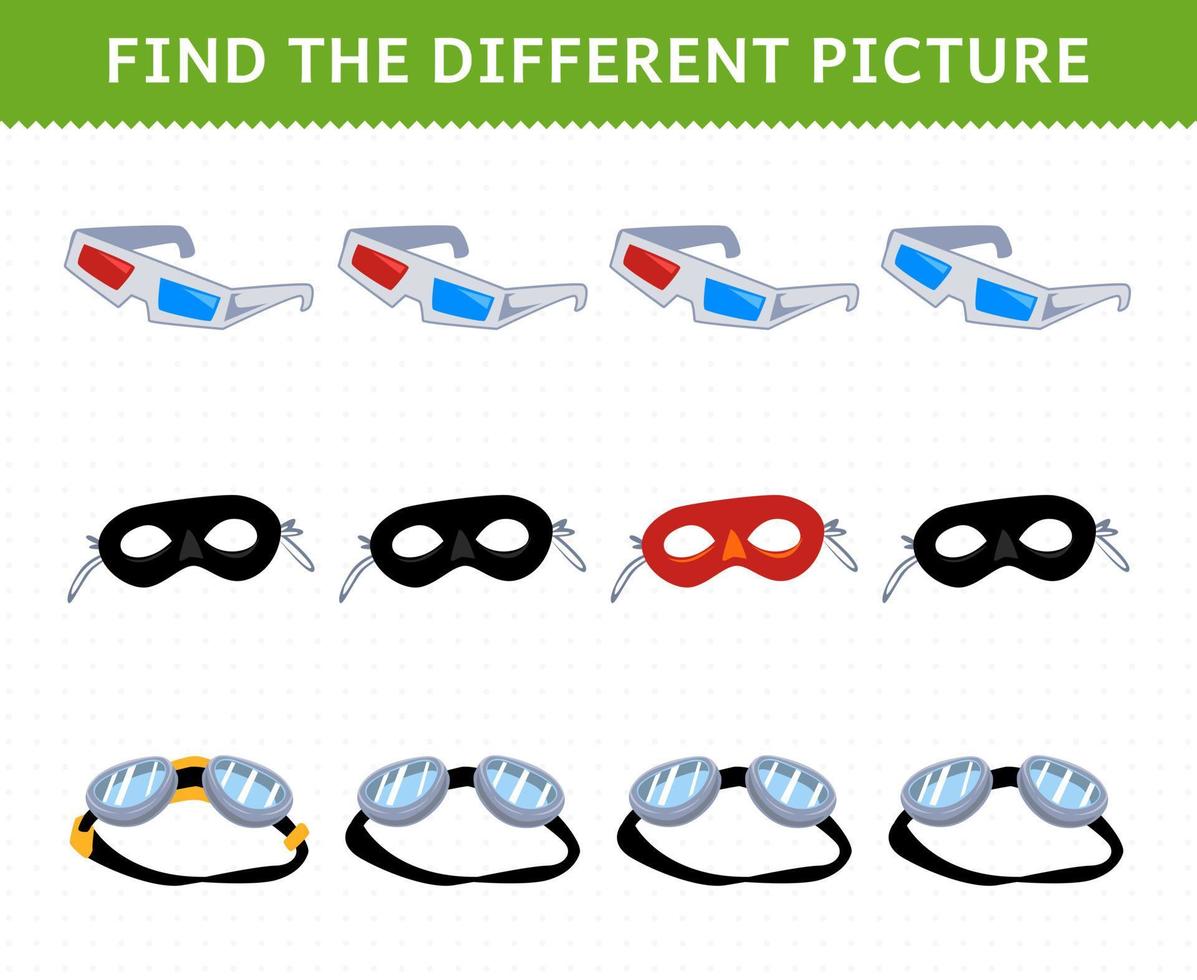 jeu éducatif pour les enfants trouver l'image différente dans chaque rangée dessin animé vêtements portables lunettes masque lunettes vecteur