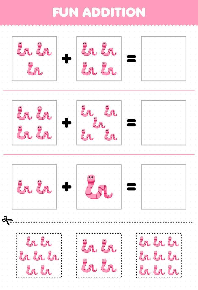 jeu éducatif pour les enfants ajout amusant par coupe et correspondance feuille de travail d'images de vers d'animaux de dessin animé mignon vecteur