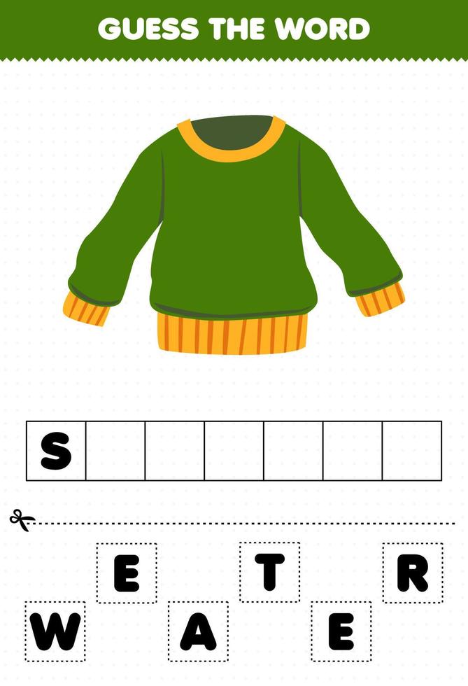 jeu éducatif pour les enfants devinez le mot lettres pratiquant le pull de vêtements de dessin animé vecteur