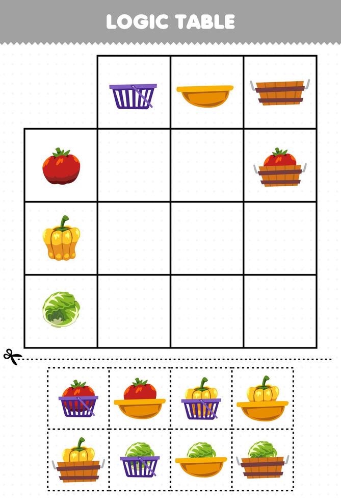 jeu d'éducation pour les enfants table logique dessin animé légume tomate paprika chou match avec panier correct feuille de travail imprimable vecteur