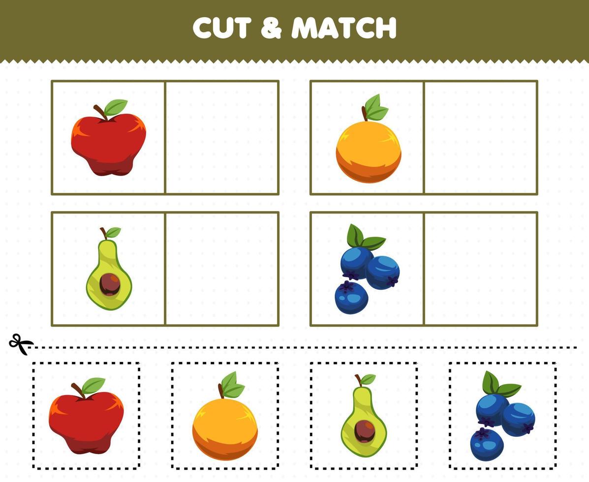 jeu éducatif pour les enfants couper et assortir la même image de dessin animé fruit pomme orange avocat myrtille feuille de travail imprimable vecteur