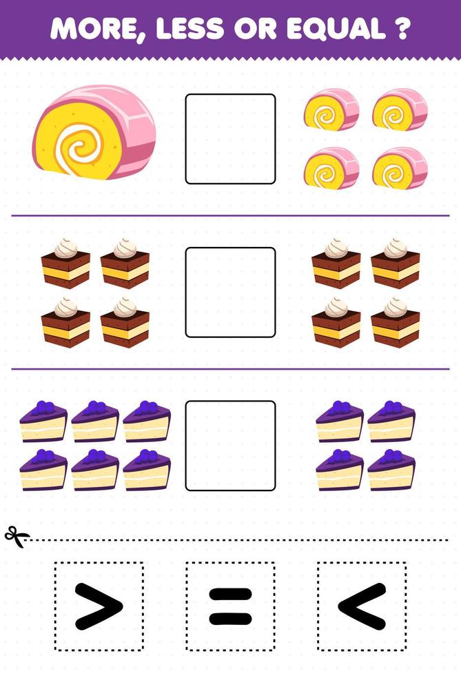 jeu éducatif pour les enfants plus moins ou égal comptez la quantité de gâteau sucré de dessin animé puis coupez et collez le bon signe vecteur