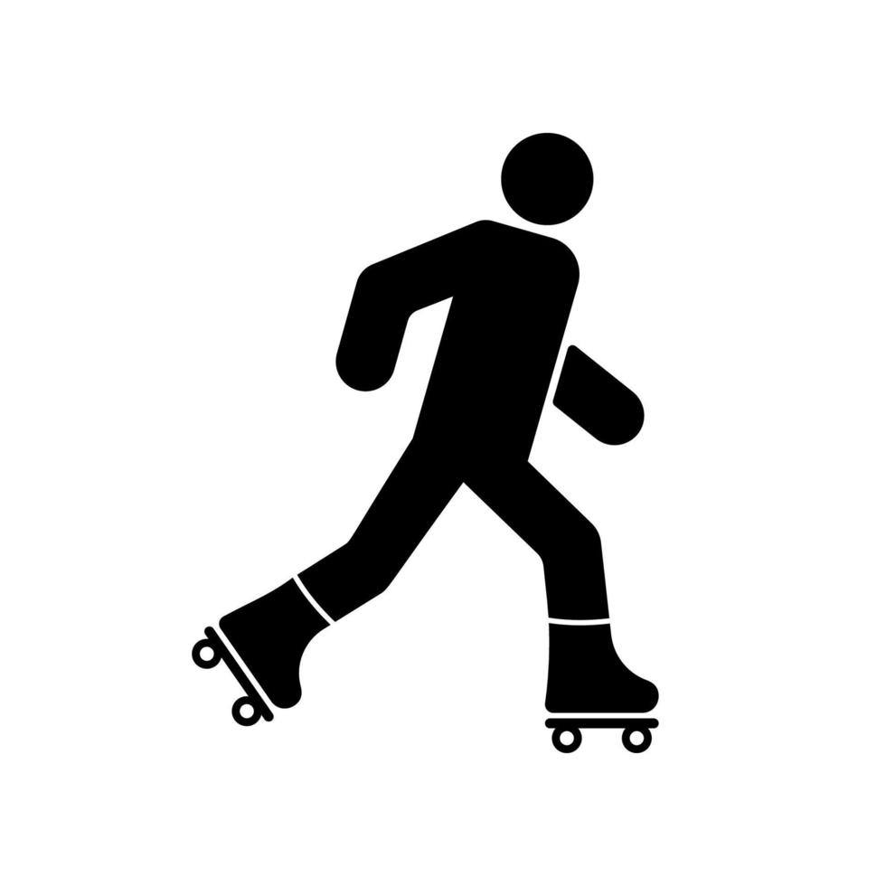 patin à roues alignées dans le symbole plat de chaussures de roue. icône de silhouette noire de personne de patin à roulettes. pictogramme de glyphe de mouvement de patin à roulettes homme. homme dans l'équipement d'activité sportive. illustration vectorielle isolée. vecteur