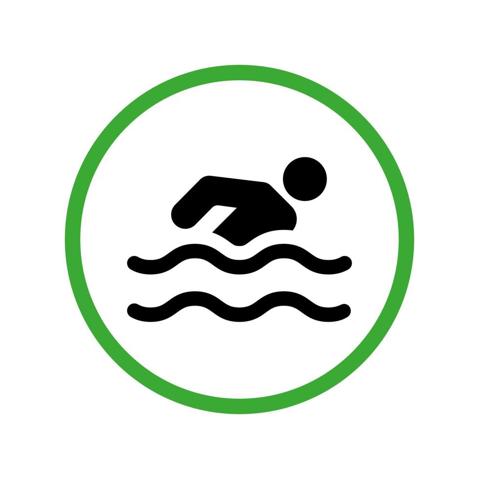 attention icône de silhouette noire de zone de natation. notez le pictogramme du nageur autorisé. autoriser le symbole du cercle vert. la plage a permis aux gens de nager. illustration vectorielle isolée. vecteur