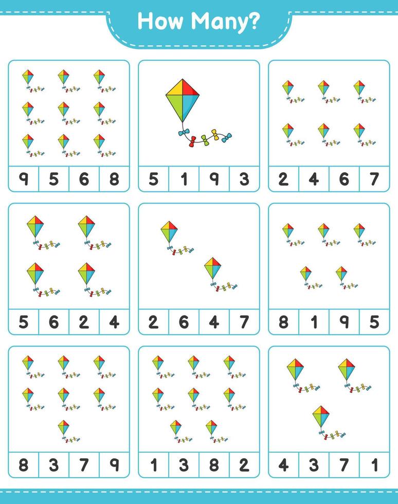 jeu de comptage, combien de cerf-volant. jeu éducatif pour enfants, feuille de calcul imprimable, illustration vectorielle vecteur