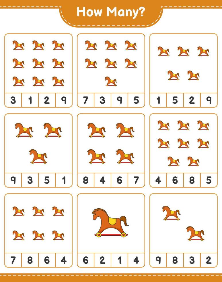 jeu de comptage, combien de cheval à bascule. jeu éducatif pour enfants, feuille de calcul imprimable, illustration vectorielle vecteur