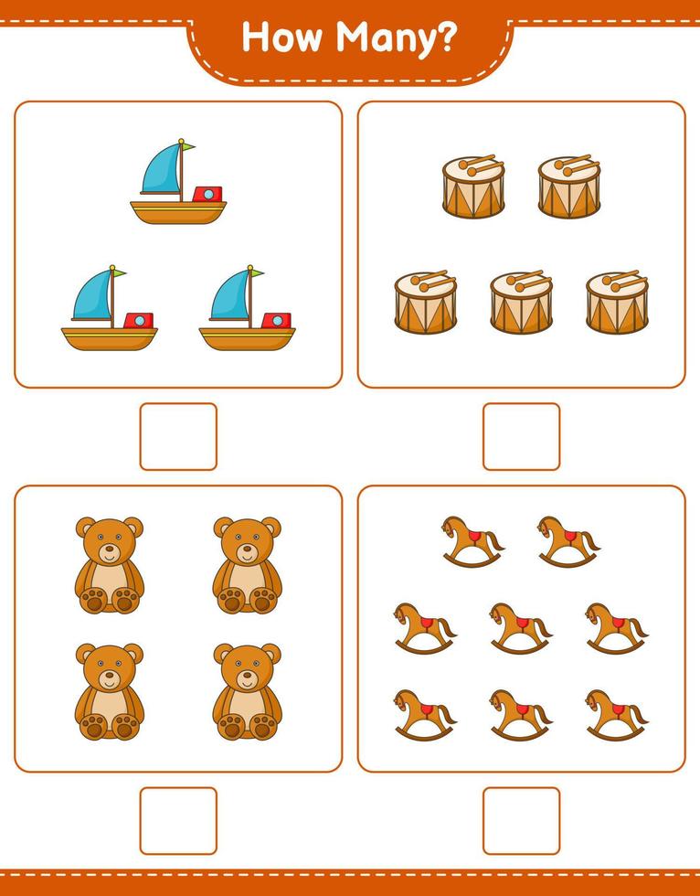 jeu de comptage, combien de bateau, tambour, ours en peluche et cheval à bascule. jeu éducatif pour enfants, feuille de calcul imprimable, illustration vectorielle vecteur