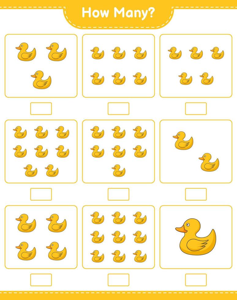 jeu de comptage, combien de canard en caoutchouc. jeu éducatif pour enfants, feuille de calcul imprimable, illustration vectorielle vecteur