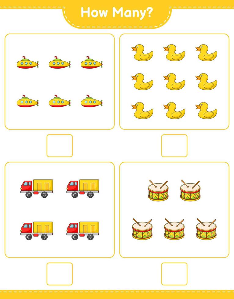 jeu de comptage, combien de sous-marin, canard en caoutchouc, camion et tambour. jeu éducatif pour enfants, feuille de calcul imprimable, illustration vectorielle vecteur