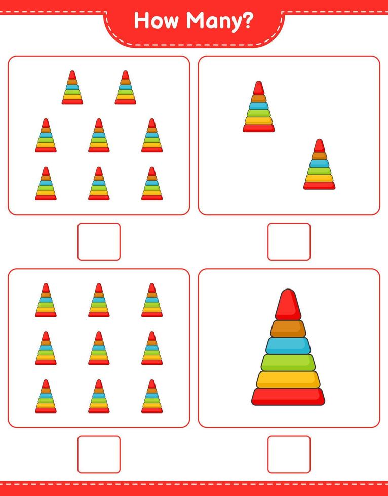 jeu de comptage, combien de jouets pyramidaux. jeu éducatif pour enfants, feuille de calcul imprimable, illustration vectorielle vecteur