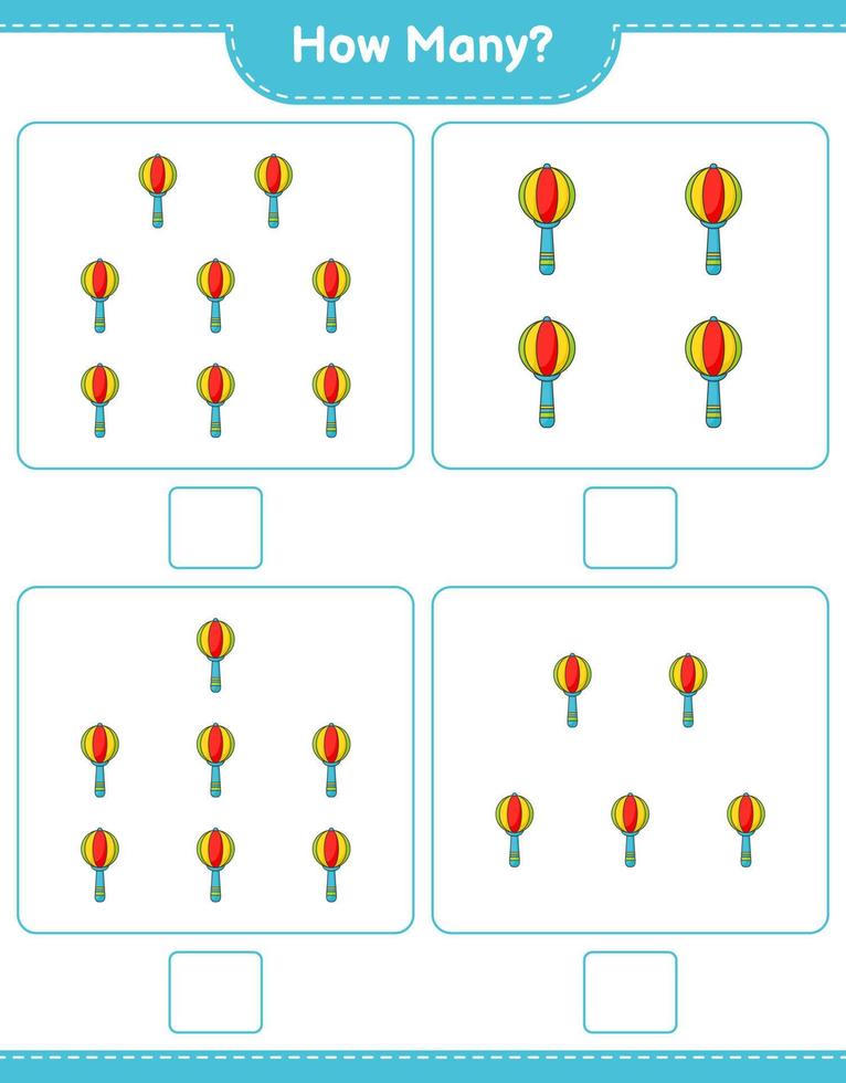 jeu de comptage, combien de bébé hochet. jeu éducatif pour enfants, feuille de calcul imprimable, illustration vectorielle vecteur