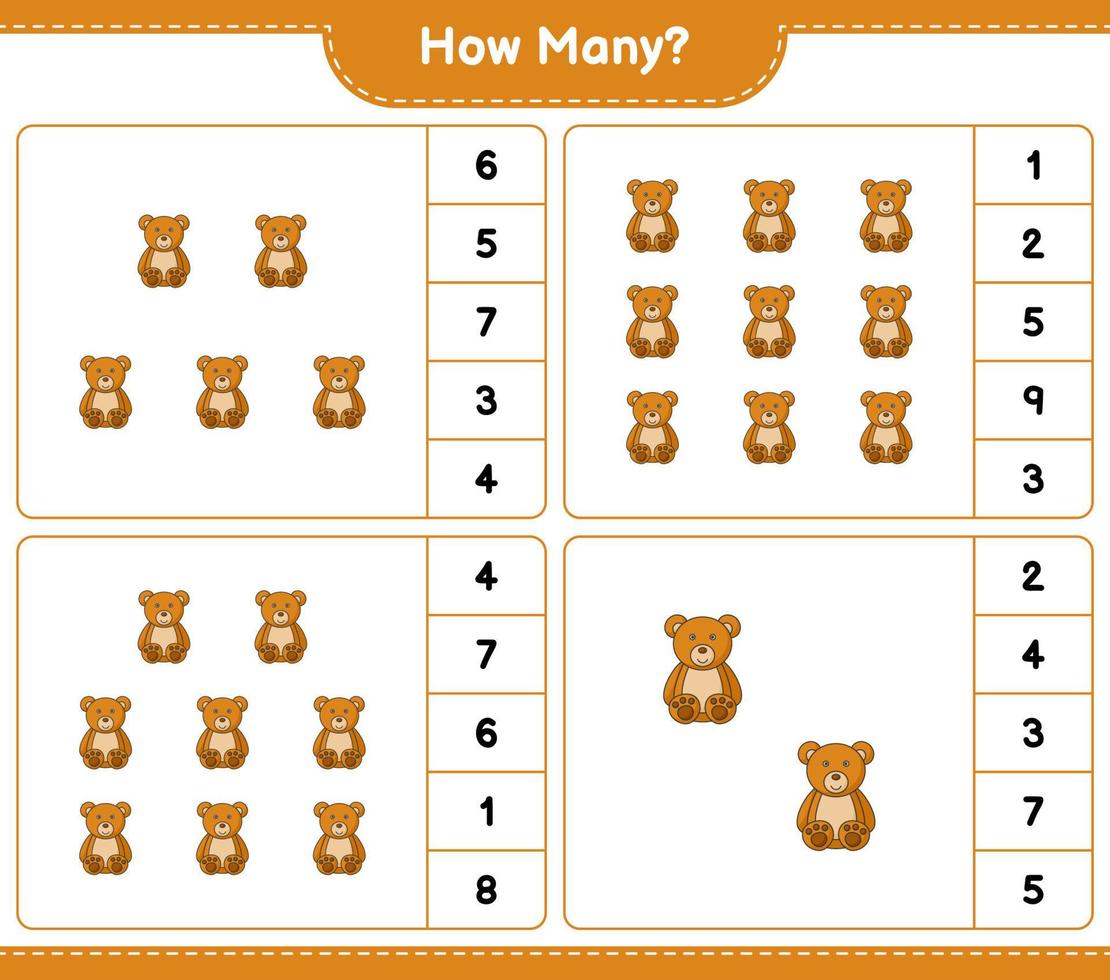 jeu de comptage, combien d'ours en peluche. jeu éducatif pour enfants, feuille de calcul imprimable, illustration vectorielle vecteur