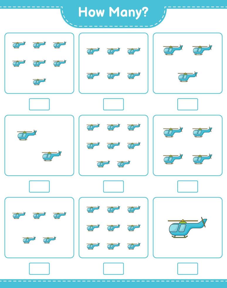 jeu de comptage, combien d'hélicoptères. jeu éducatif pour enfants, feuille de calcul imprimable, illustration vectorielle vecteur