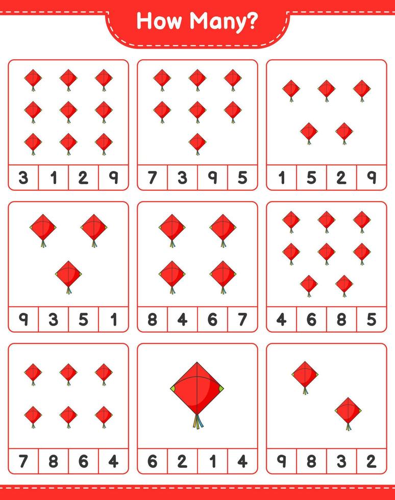 jeu de comptage, combien de cerf-volant. jeu éducatif pour enfants, feuille de calcul imprimable, illustration vectorielle vecteur