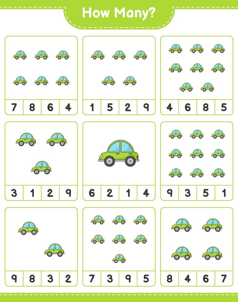 jeu de comptage, combien de voiture. jeu éducatif pour enfants, feuille de calcul imprimable, illustration vectorielle vecteur