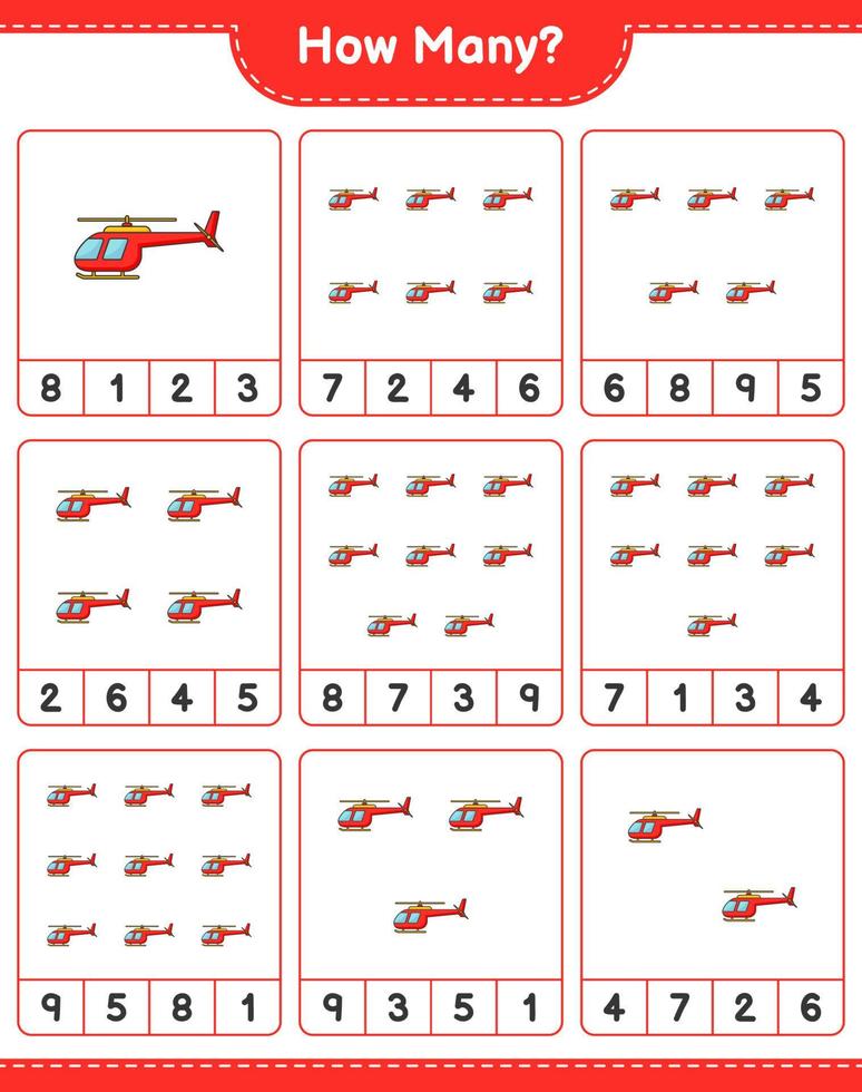 jeu de comptage, combien d'hélicoptères. jeu éducatif pour enfants, feuille de calcul imprimable, illustration vectorielle vecteur