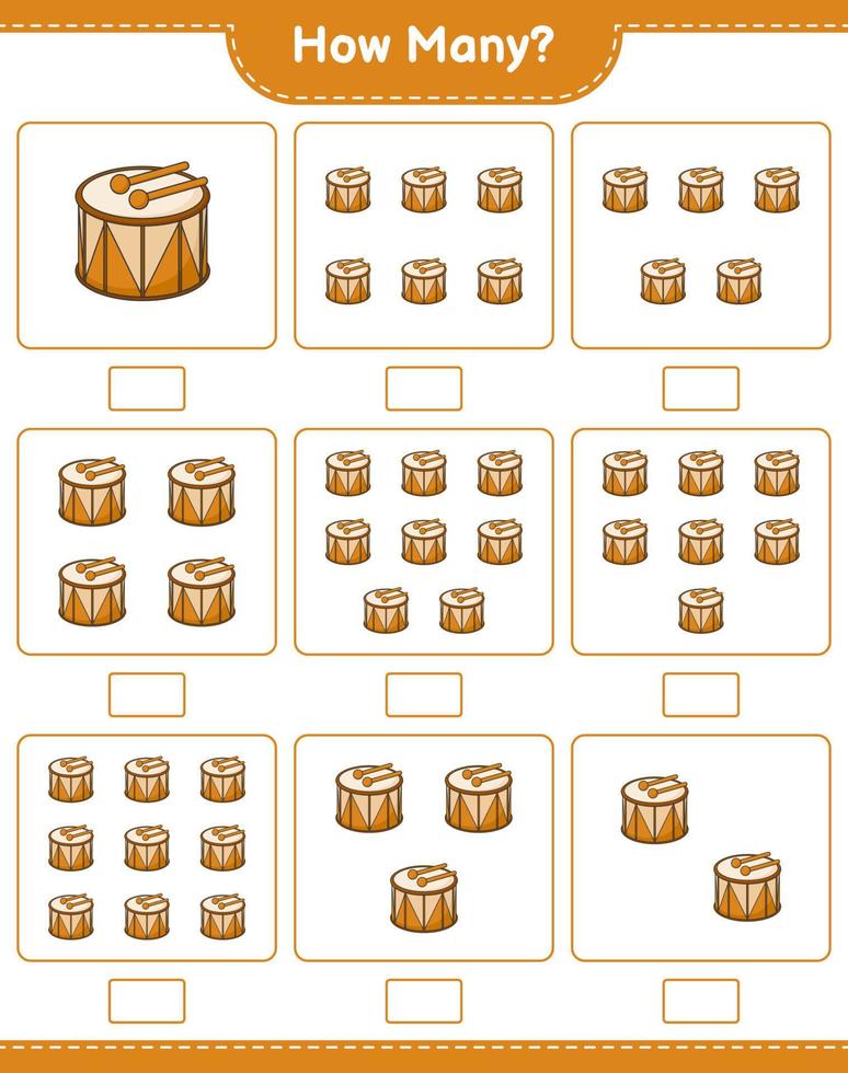 jeu de comptage, combien de tambour. jeu éducatif pour enfants, feuille de calcul imprimable, illustration vectorielle vecteur