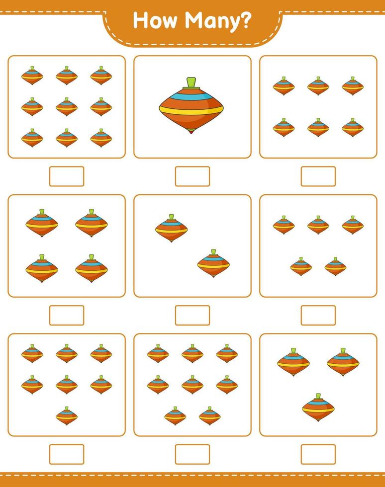 jeu de comptage, combien de jouet tourbillon. jeu éducatif pour enfants, feuille de calcul imprimable, illustration vectorielle vecteur