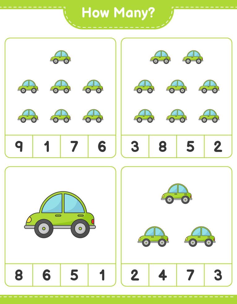 jeu de comptage, combien de voiture. jeu éducatif pour enfants, feuille de calcul imprimable, illustration vectorielle vecteur