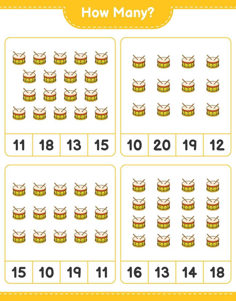 jeu de comptage, combien de tambour. jeu éducatif pour enfants, feuille de calcul imprimable, illustration vectorielle vecteur