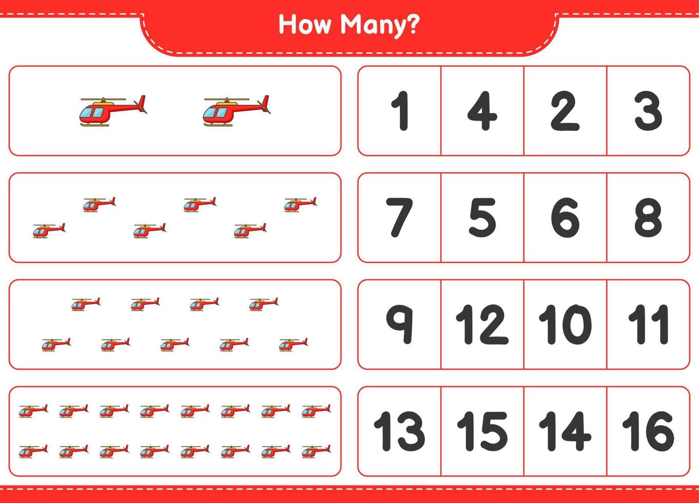 jeu de comptage, combien d'hélicoptères. jeu éducatif pour enfants, feuille de calcul imprimable, illustration vectorielle vecteur