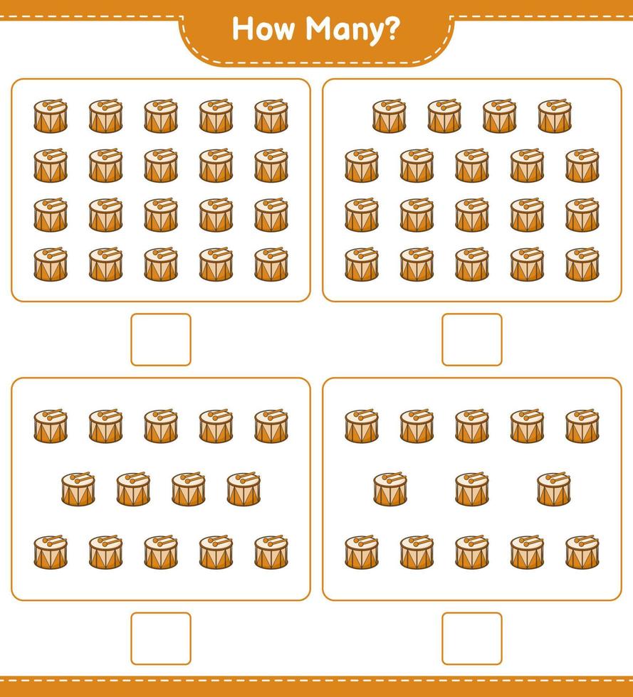 jeu de comptage, combien de tambour. jeu éducatif pour enfants, feuille de calcul imprimable, illustration vectorielle vecteur