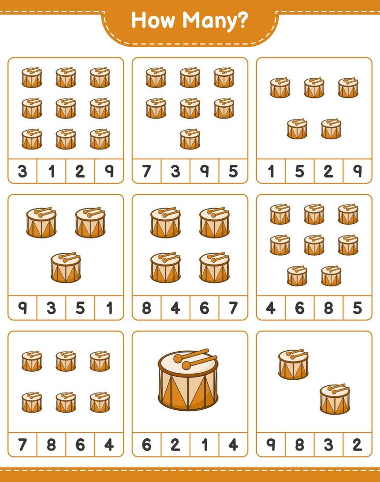 jeu de comptage, combien de tambour. jeu éducatif pour enfants, feuille de calcul imprimable, illustration vectorielle vecteur