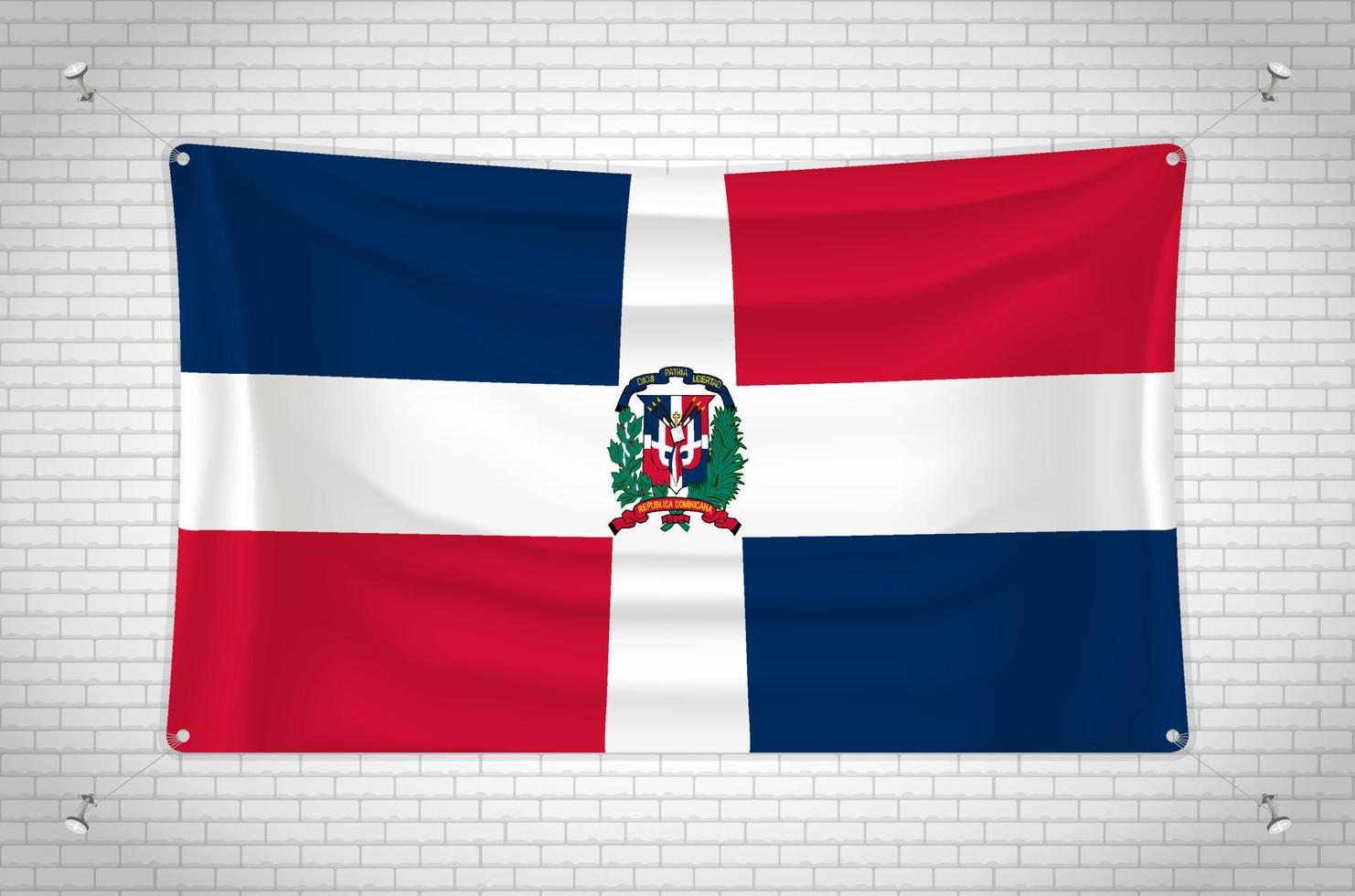 drapeau de la république dominicaine accroché au mur de briques. dessin 3d. drapeau accroché au mur. dessiner soigneusement en groupes sur des calques séparés pour une édition facile. vecteur