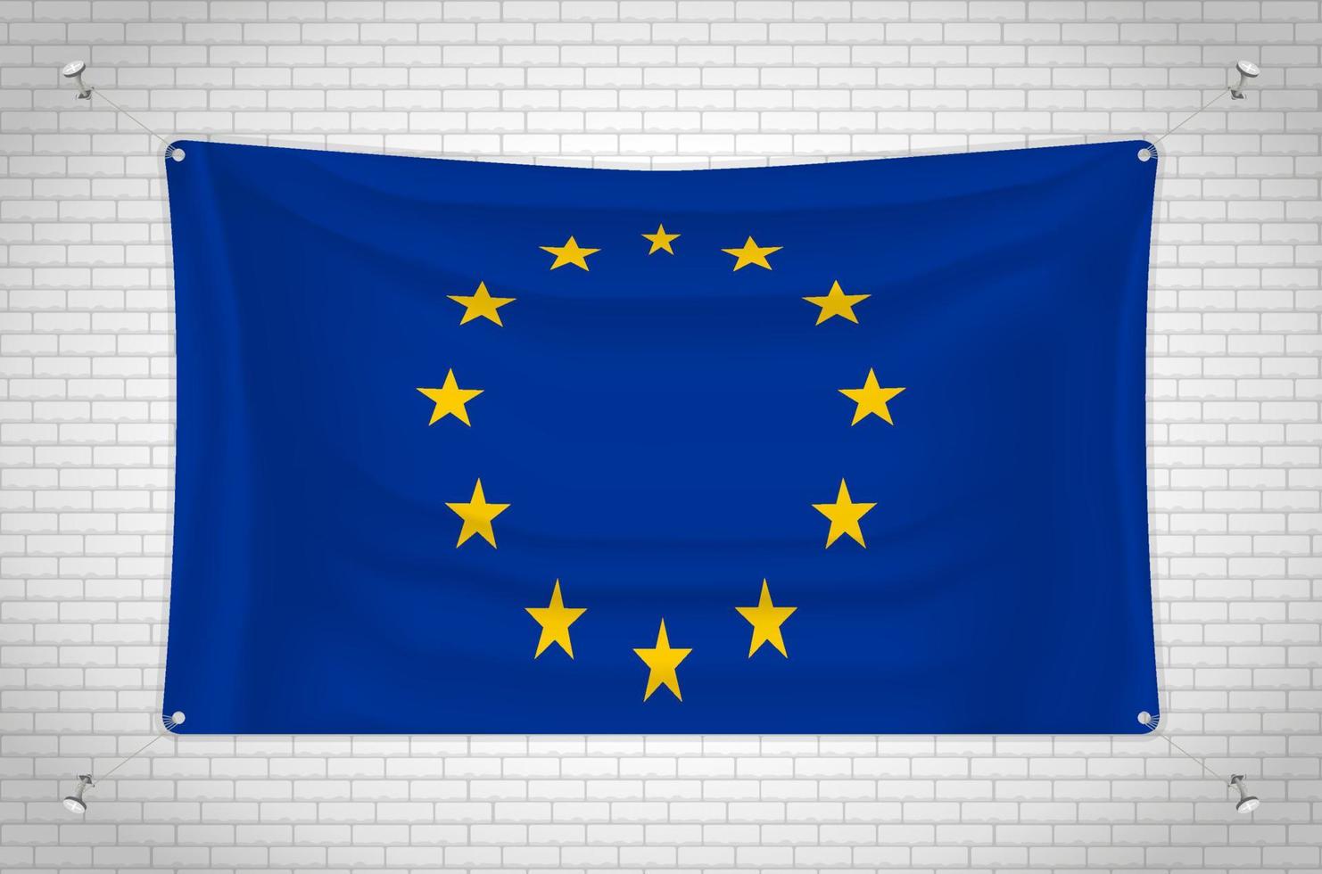 drapeau de l'union européenne accroché au mur de briques. dessin 3d. drapeau accroché au mur. dessiner soigneusement en groupes sur des calques séparés pour une édition facile. vecteur